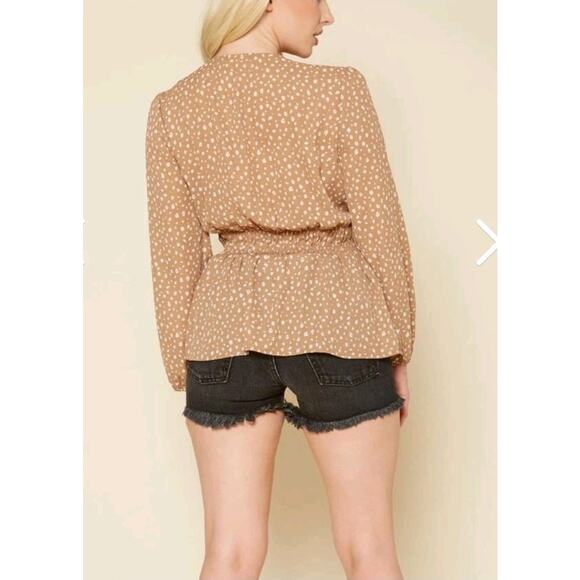 Pleione Women's Front Twist Tunic Blouse Sz Large Brown Polka Dot Balloon Sleeve - Picture 8 of 8